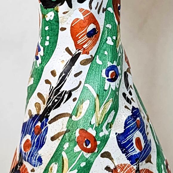 Vintage Persian Hand-Painted Metal Vase with Textured Flowers & Bird 8.5" - Picture 4 of 8